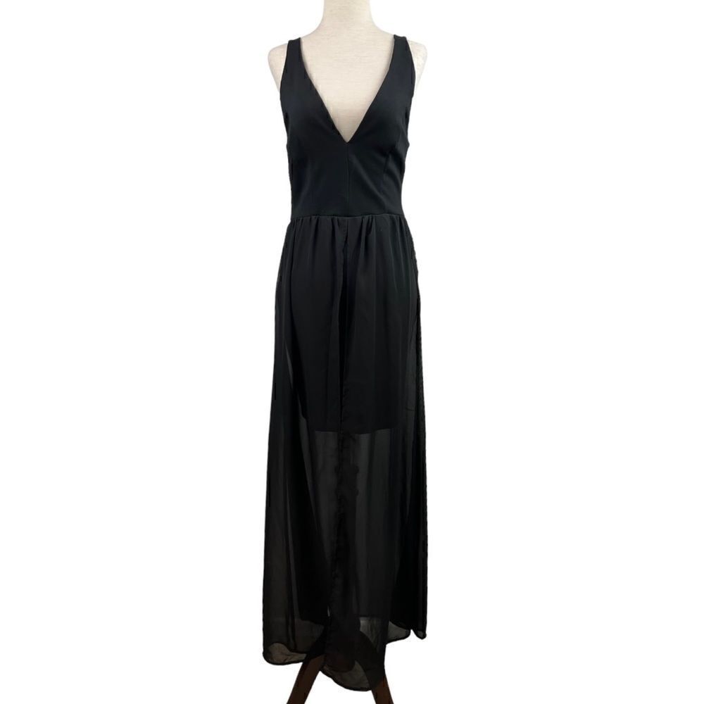 Vintage 90s J for Justify Black Deep V Mini Dress with Sheet Maxi Skirt Layered